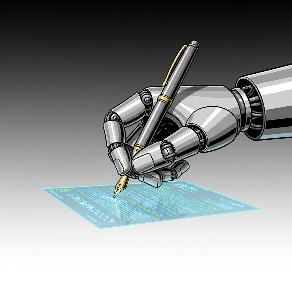 A giant, metallic, robotic hand is forcefully guiding a small, classic fountain pen to sign a contract made of glowing digital code. The scene is set on a stark, minimalist background, creating a sense of imbalance and coercion. Symbolic, high-contrast, minimalist art style.