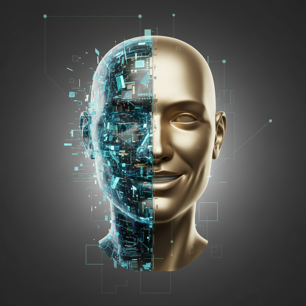 A stylized, two-faced head reminiscent of the Roman god Janus. One face is a polished, smiling, confident corporate spokesperson. The other face is a glitching, transparent digital mask revealing complex circuitry and raw data streams, representing the AI. The background is neutral, focusing attention on the stark contrast between the two personalities. Metaphorical, minimalist, high-tech art style.