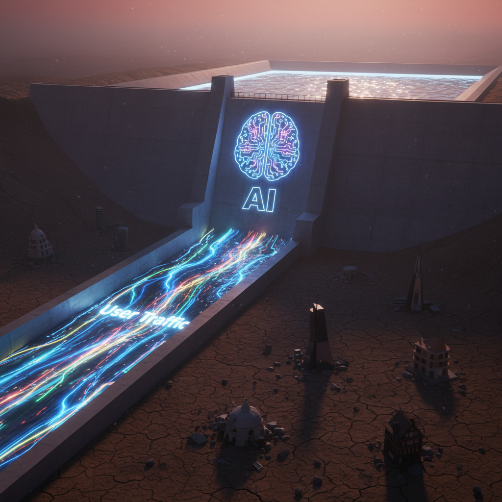 A massive, concrete dam with a glowing AI brain symbol on it is blocking a vibrant river of light labeled 