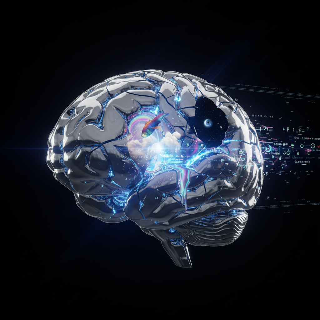 Hyperrealistic 3D render. A sleek, chrome-plated, glowing AI brain is visible. However, parts of its surface are cracked, with chaotic, nonsensical symbols and surreal, dream-like images (like a fish swimming in the sky) glitching out of the fissures. The background is dark and minimalist, focusing all attention on the flawed AI brain. The lighting is dramatic, highlighting the contrast between the perfect exterior and the flawed interior.
