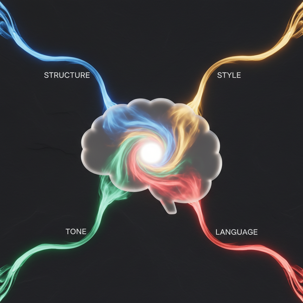 Ultra-realistic 3D render of a minimalist, translucent glass brain icon, glowing with a soft white internal light. Four distinct streams of colored light—blue for 'structure', yellow for 'style', green for 'tone', and red for 'language'—are flowing from the corners of the frame and being absorbed into the brain. As the streams enter, the internal light of the brain shifts and swirls with these new colors. The icon is floating against a dark gray, slightly textured background. Rendered with Octane Render, using global illumination to create soft reflections on the glass surface, 4K resolution, photorealistic.