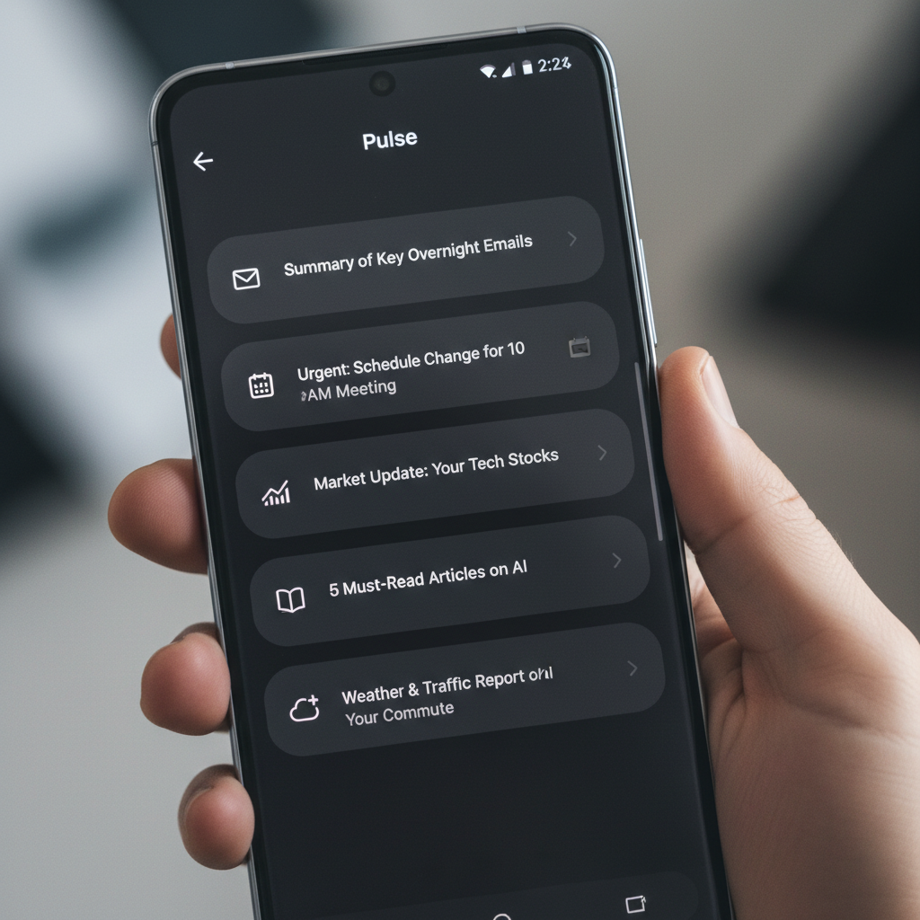 Extreme close-up shot of a user's hand holding a Samsung Galaxy S24 Ultra, screen displaying the ChatGPT app interface, specifically the 'Pulse' tab. The interface is clean, dark mode, showing a vertical scroll list of 5 generated briefs with titles like: 'Summary of Key Overnight Emails', 'Urgent: Schedule Change for 10 AM Meeting', 'Market Update: Your Tech Stocks', '5 Must-Read Articles on AI', and 'Weather & Traffic Report for Your Commute'. Each brief has a small icon (email, calendar, stock chart). The user's thumb is visible at the bottom of the screen, about to tap on a brief. Shot with a Canon EOS R5, 100mm macro lens, f/2.8, modern filter with high contrast and slightly desaturated colors to emphasize the screen's UI. The background is completely out of focus.