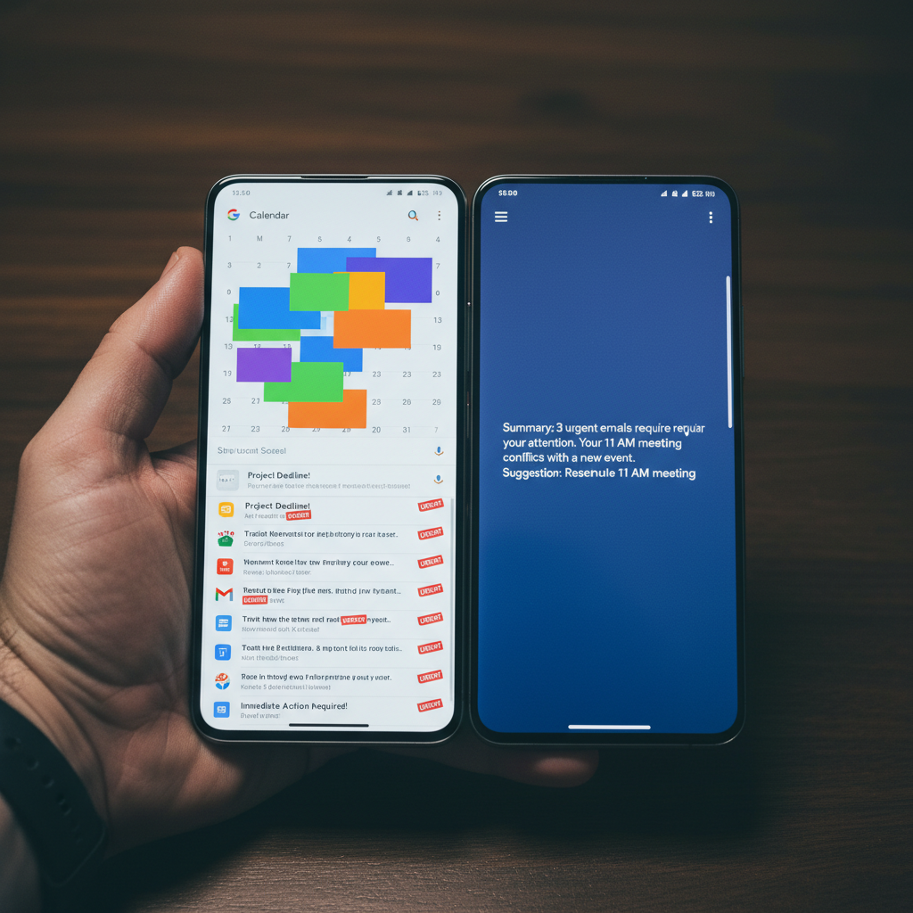 Hyper-realistic photo depicting a conceptual split-screen on a Google Pixel 8 Pro in Obsidian color. The left half shows a cluttered Google Calendar interface with overlapping, multi-colored events and a messy Gmail inbox with 50+ unread emails, some marked 'Urgent'. The right half shows the clean, minimalist ChatGPT Pulse interface, presenting a single, elegant brief: 'Summary: 3 urgent emails require your attention. Your 11 AM meeting conflicts with a new event. Suggestion: Reschedule 11 AM meeting.' The phone is held by a male hand with visible skin texture, resting on a dark walnut desk. Shot with a Fujifilm X-T5, 35mm lens, f/2.0, modern filter with sharp focus and slightly cool tones to emphasize the digital interface.