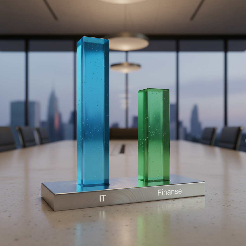 Ultra-realistic 3D render of a physical bar chart placed on a concrete boardroom table. Two main bars are visible: the first, labeled 'IT', is made of glowing blue acrylic and reaches a height of 68%. The second, labeled 'Finanse', is made of glowing green acrylic and reaches 45%. The chart has a brushed metal base and crisp, white labels engraved on it. The background is a blurred, modern office interior with large windows. Rendered with Octane Render, 4K resolution, emphasizing the realistic textures of the acrylic, metal, and concrete, with soft studio lighting from above.