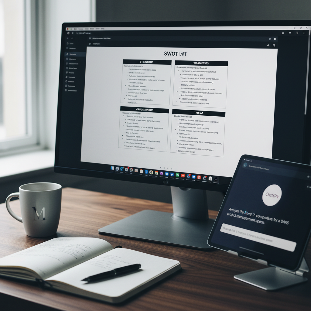 Hyperrealistic photo of a 40-year-old female marketing strategist's desk. The main focus is a 27-inch LG UltraFine monitor displaying a detailed competitive analysis SWOT chart, with strengths, weaknesses, opportunities, and threats clearly labeled in a clean, modern interface. Next to it, an iPad Pro on a stand shows the ChatGPT interface with a prompt visible: 'Analyze the top 3 competitors for a SaaS company in the project management space'. The desk is made of dark walnut wood, and on it sits a white ceramic mug with a subtle logo, a Moleskine notebook open to a page with handwritten notes, and a black Lamy Safari fountain pen. Shot with a Canon EOS R5 with a 35mm f/1.4 lens, modern filter with crisp details and a slightly cool, professional color tone. Natural light comes from a window on the left, creating soft shadows and realistic reflections on the screen surfaces.