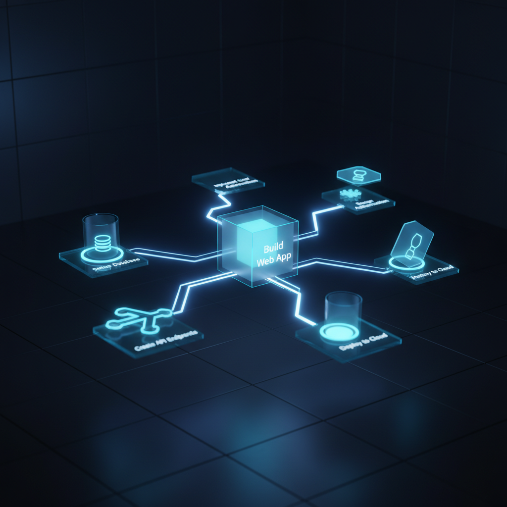 Ultra-realistic 3D render of a complex workflow visualized as a futuristic, holographic node graph. The main node, a glowing blue cube labeled 'Build Web App', is in the center. From it, several branches extend to other nodes, such as 'Setup Database' (represented by a cylinder icon), 'Create API Endpoints' (represented by a branching path icon), and 'Design Frontend' (represented by a paintbrush icon). Each node is connected by pulsating lines of light, suggesting data flow. The entire structure floats in a dark, minimalist space, giving it a high-tech feel. Rendered with Octane Render, using global illumination to create soft, realistic glows and reflections on the node surfaces. Modern filter with sharp focus and a cinematic, tech-noir color palette.