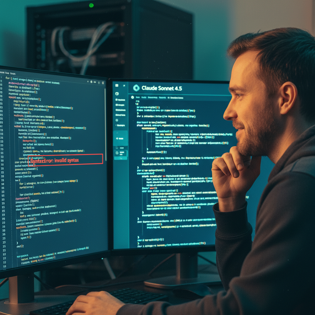 A close-up, over-the-shoulder shot of a programmer looking at a dual-monitor setup. The left monitor displays a complex, messy block of Python code with a clear error highlighted in red. The right monitor shows a clean, elegant, and corrected version of the same code, presented within a minimalist UI labeled 'Claude Sonnet 4.5'. The programmer has a slight smile of relief. The room is dimly lit, with the monitors being the main light source. Shot with a Canon EOS R5, 85mm lens, f/1.8, modern filter with a slight cinematic teal and orange color grade, capturing a moment of problem-solving and technological assistance.