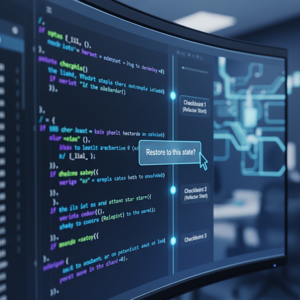 Hyperrealistic shot of a futuristic code editor UI displayed on a curved, bezel-less monitor. The main window shows lines of glowing JavaScript code. On the right side of the screen, there is a vertical timeline representing the coding session. Along the timeline, there are several bright, pulsating blue dots labeled