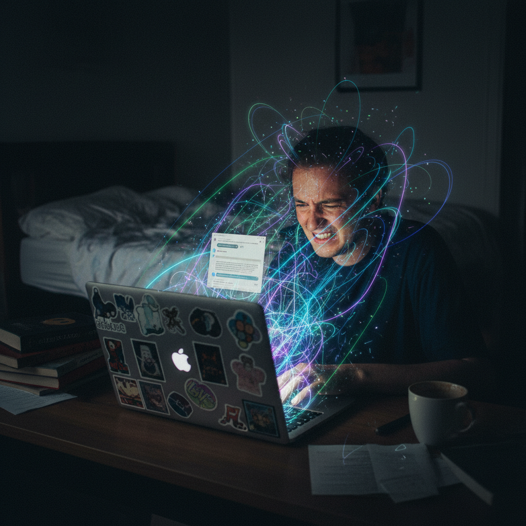 A hyperrealistic photo, capturing a 28-year-old person sitting in a dimly lit room, their face illuminated only by a laptop screen. The screen shows a chatbot interface, but instead of text, chaotic, glowing lines and abstract, confusing symbols are spilling out of the screen towards the person, who has a visible expression of stress and confusion. The laptop is a MacBook Air M2 in Starlight color, with stickers on the lid. The room is messy, with scattered books and a cold cup of coffee on the desk. Shot with a Canon EOS R5, 50mm lens, f/1.8, modern filter with high contrast and deep shadows to emphasize the feeling of being overwhelmed. A slight film grain is added for a cinematic, raw look.