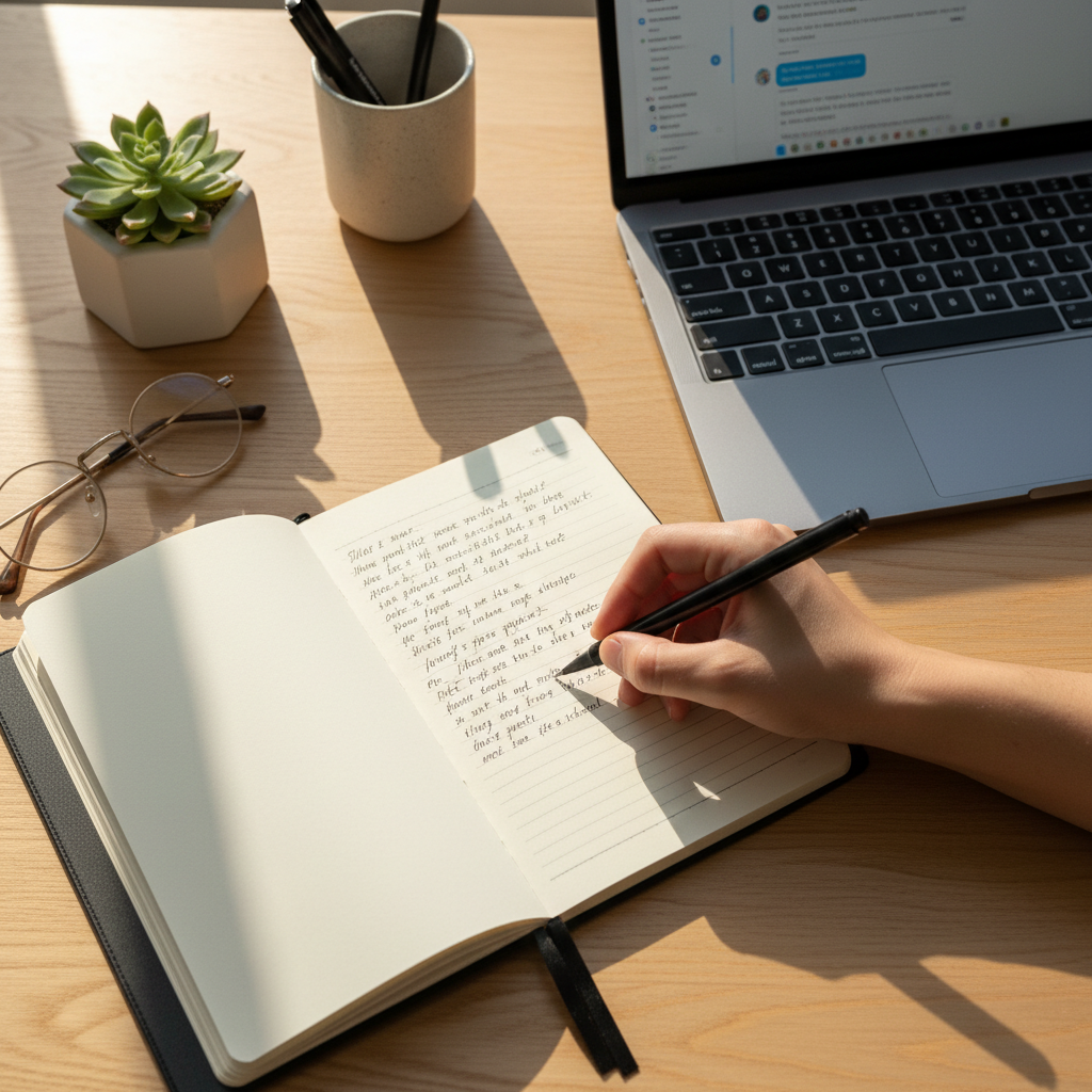 Hyperrealistic photo shot from a top-down perspective (flat lay). On a clean, minimalist wooden desk, a person's hands are visible. The right hand is writing with a black Muji pen in a physical, open Moleskine notebook. The left hand rests near a laptop, a MacBook Pro 14-inch in Space Gray, where a chatbot interface is visible but slightly out of focus. The scene conveys a sense of control and mindfulness, with the user actively processing information from the AI in an analog way. Natural light from a nearby window creates soft, gentle shadows. Shot with a Sony A9 II camera with a 50mm f/1.2 lens, modern filter with warm, natural tones to evoke a feeling of calm and deliberate action.