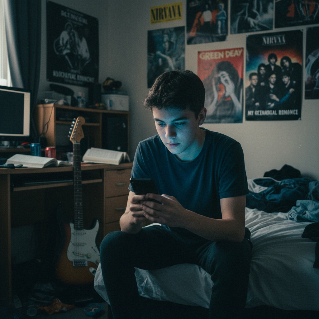 Hyperrealistic photo of a 15-year-old boy sitting on his bed in a cluttered bedroom. Rock band posters are visible on the wall behind him, a guitar leans against the desk. He is hunched over a black Samsung Galaxy S23, held in both hands. His face is illuminated only by the phone's blueish light, casting long shadows in the room. His eyes are wide and fixed on the screen, showing a mix of absorption and emotional detachment from his surroundings. Shot with a Fujifilm X-T5, 35mm lens, f/1.4, to create a shallow depth of field, blurring the interesting background and focusing on the boy and the phone. Modern filter with slightly muted colors, except for the vibrant blue light from the screen, to emphasize the digital world's pull. Subtle film grain to add a layer of gritty reality.
