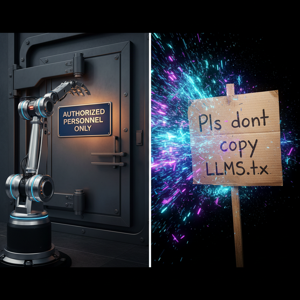 Hyper-realistic split-screen image. On the left side, a shiny, modern robotic arm (representing Googlebot) meticulously stops before a solid steel door with a clear, professionally printed 'AUTHORIZED PERSONNEL ONLY' sign, which is glowing slightly (representing a respected robots.txt). On the right side, a swarm of glowing, abstract data particles (representing AI crawlers) flows unimpeded right through a flimsy, handwritten cardboard sign that says 'Pls dont copy' held up by a simple wooden stick (representing the ignored LLMs.txt). Shot with a modern filter, cinematic lighting creating high contrast, shot with a Sony A7R IV with a 50mm lens, f/2.2, emphasizing the difference in authority and respect between the two scenes.