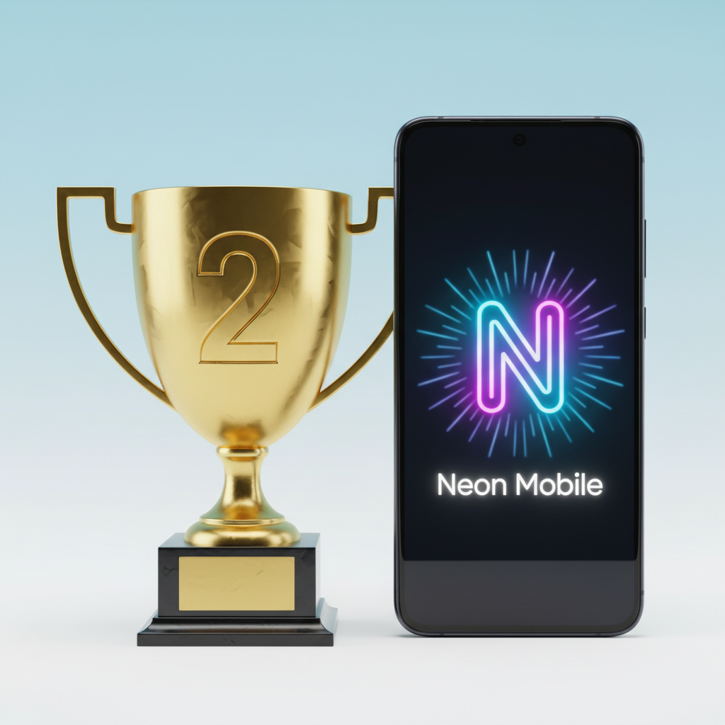 A hyper-realistic 3D render of a golden trophy with a large '#2' engraved on it, placed next to a smartphone displaying the Neon Mobile app logo. The smartphone is a realistic model, like a Samsung Galaxy S23, with the screen brightly lit. The background is a clean, minimalist gradient representing the App Store's interface colors (light blue to white). The trophy has a polished, reflective surface. Rendered with Octane, studio lighting, sharp focus on the trophy and the phone screen.