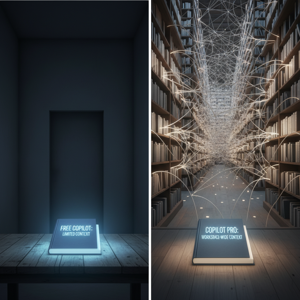 A metaphorical, split-screen style image. On the left, a single, isolated glowing book on a table, representing the limited context of the free Copilot. On the right, an entire, vast library with glowing lines connecting thousands of books, representing the interconnected, workspace-wide context of the paid Copilot Pro. The style is conceptual and visually striking, with a clear contrast between the two sides.
