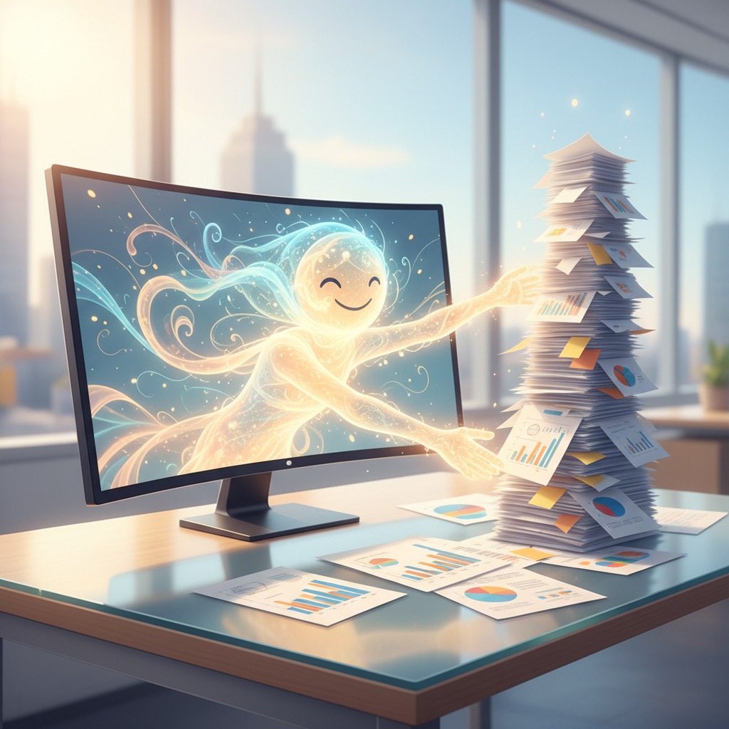 A symbolic image depicting a clean, modern office desk. From the computer screen, a friendly, luminous, abstract light-based entity emerges, helping to organize chaotic papers and charts on the desk into a neat, glowing stack. The style is bright, optimistic, and slightly stylized, not hyperrealistic. No text.