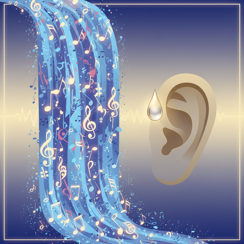 A metaphorical, surreal illustration. On one side, a massive, chaotic waterfall made of glowing musical notes crashes down, symbolizing a flood of content. On the other side, a single, stylized human ear is catching only one tiny, perfect drop from the deluge. The style is clean, minimalist, and symbolic.