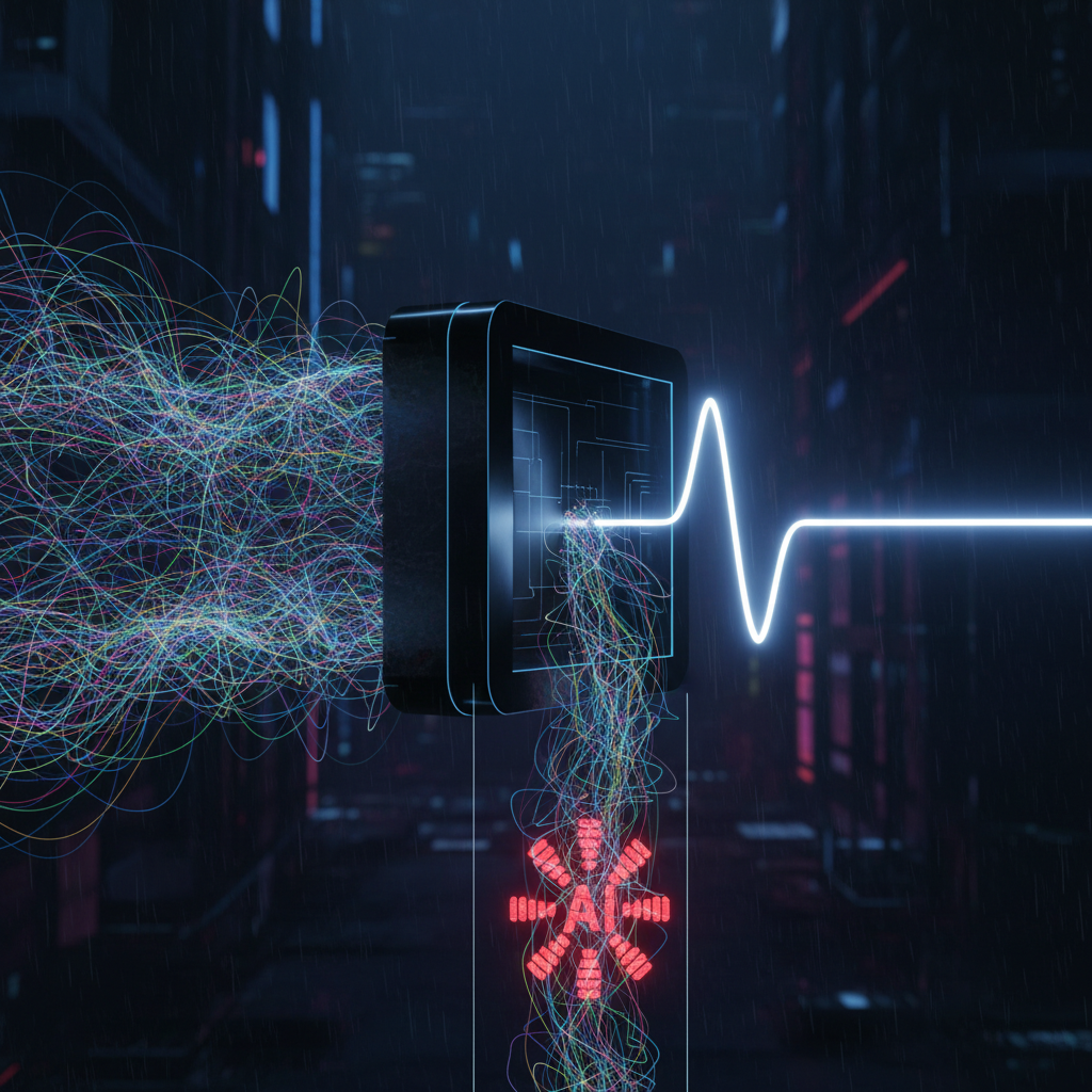 A metaphorical, abstract image. A chaotic, tangled stream of multi-colored digital soundwaves enters a sleek, minimalist black box from the left. From the right side of the box, the stream emerges separated: one clean, simple, pure white soundwave continues forward, while the tangled, chaotic waves are diverted downwards and marked with a red, glowing