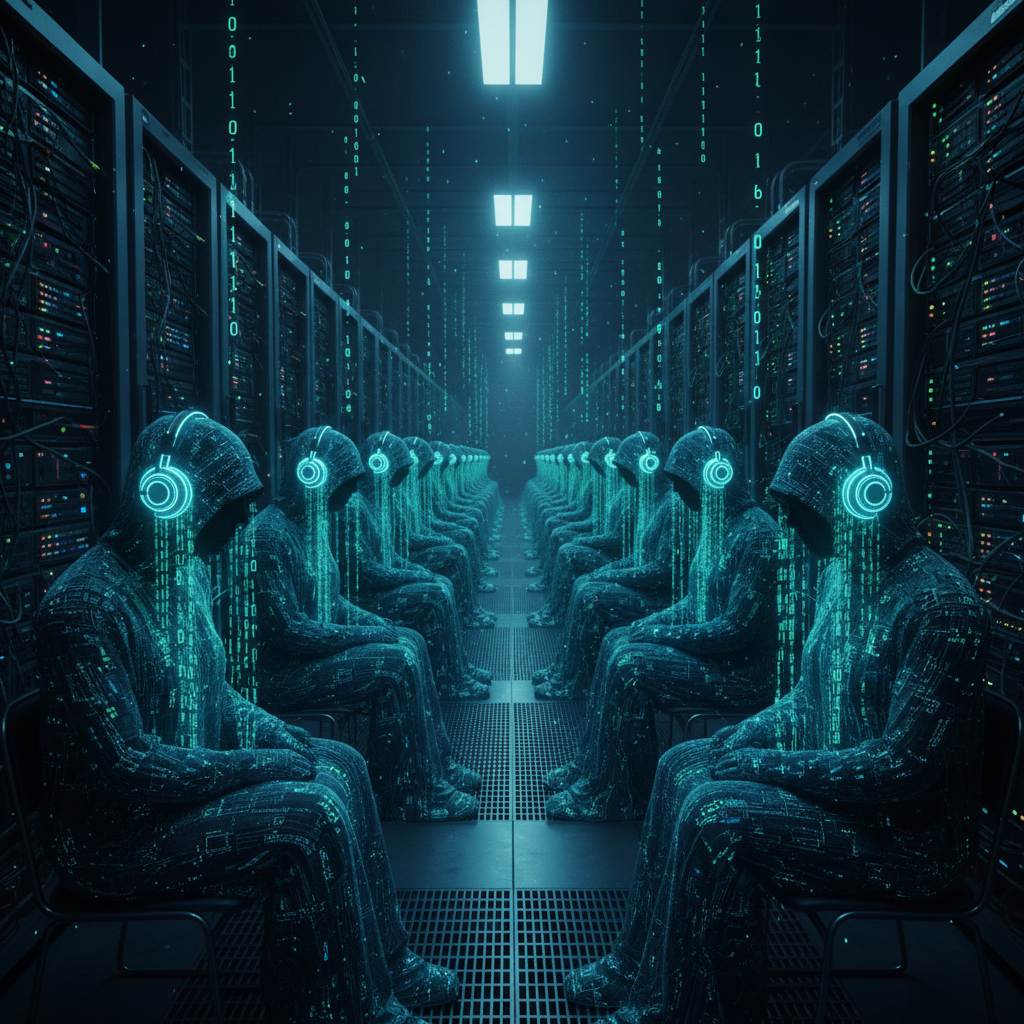 A metaphorical, slightly dystopian image. Rows upon rows of anonymous, hooded figures made of digital code are sitting in a dark server room. Each figure is wearing glowing headphones, and streams of binary data are flowing into their ears, symbolizing automated, soulless listening. The style is cinematic, moody, and hyperrealistic.