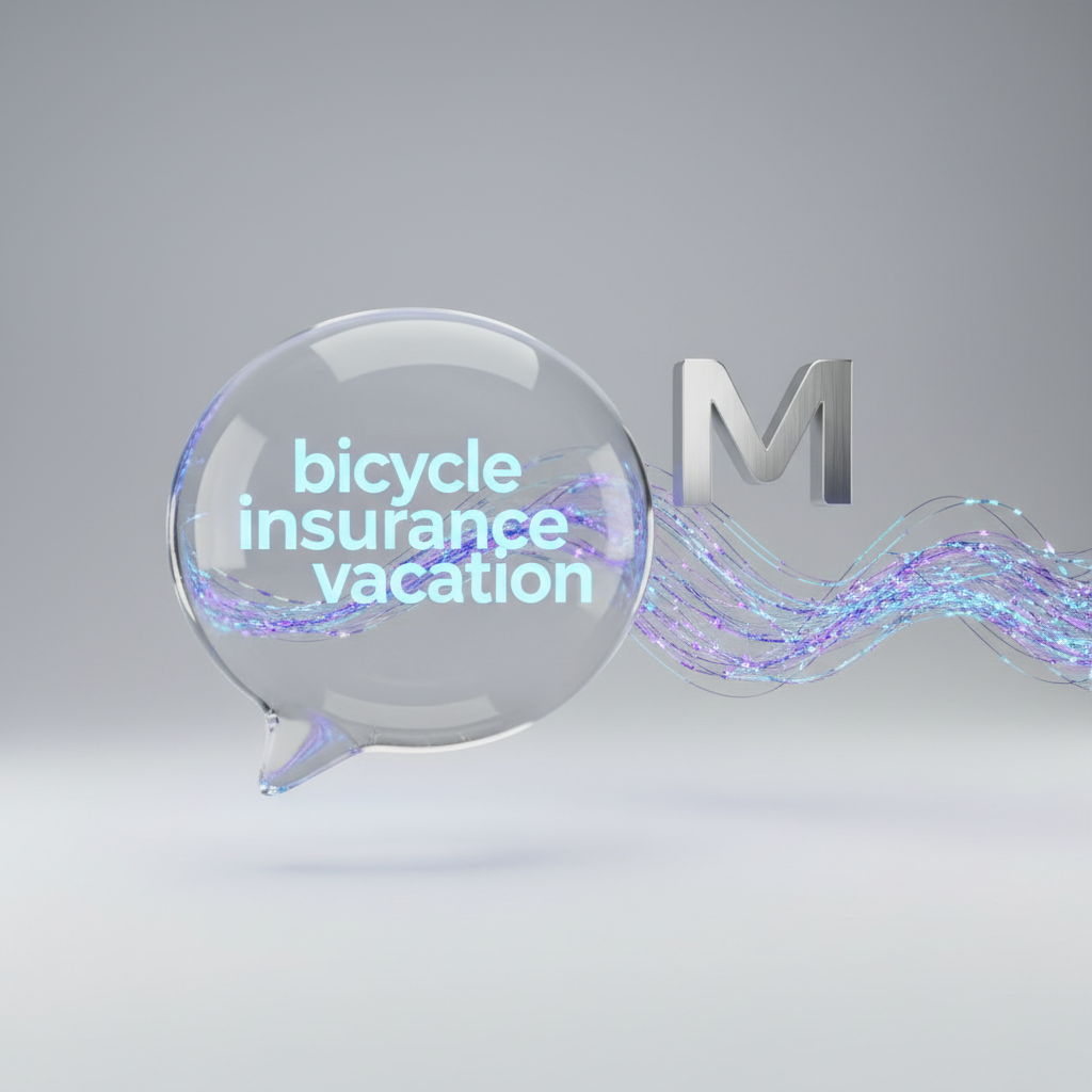 Ultra-realistic 3D render of a chat bubble icon made of translucent glass, positioned in the center. Inside the bubble, glowing text keywords like 'bicycle', 'insurance', 'vacation' are floating. A sleek, metallic 'M' logo for Meta is positioned slightly behind and to the right of the bubble, with a subtle, abstract representation of a data wave flowing from the bubble towards the logo. Soft, ambient studio lighting, rendered with Octane, photorealistic materials, on a clean, light gray background.