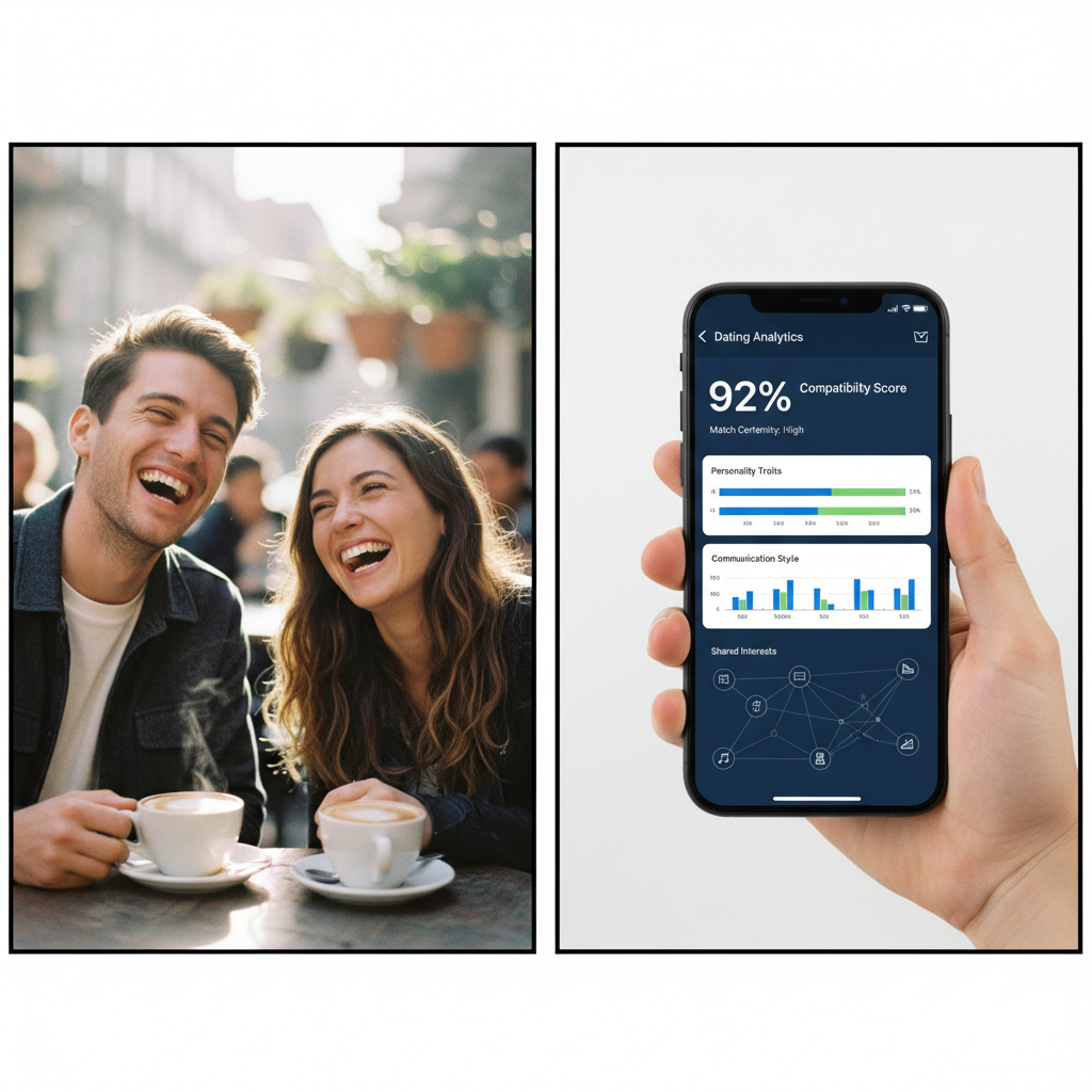 Split-screen, diptych-style image. LEFT PANEL: A candid, close-up shot of a couple in their late 20s laughing genuinely over coffee at an outdoor cafe. Soft, warm morning light, natural skin textures visible. Shot with a Fujifilm X100V with a classic chrome film simulation, adding a touch of film grain for authenticity. RIGHT PANEL: A hyperrealistic, clinical shot of a hand holding an iPhone 15 Pro, screen displaying a complex dashboard of dating analytics. Shows compatibility scores (e.g., '92%'), personality trait graphs (blue and green bars), and interconnected nodes of shared interests. The phone is set against a clean, minimalist white background. The overall image creates a stark contrast between the warmth of human connection and the cold precision of data.