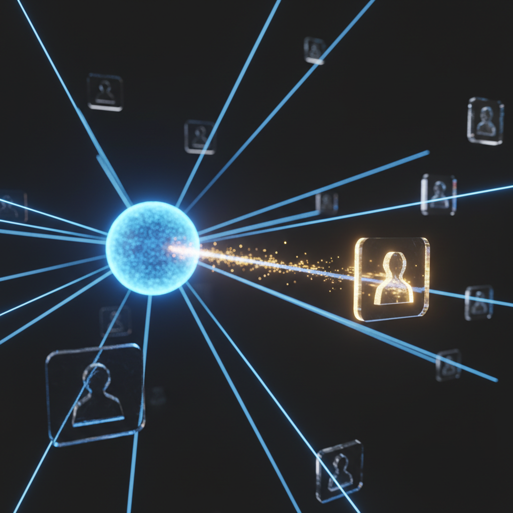 Ultra-realistic 3D render of a central, glowing blue orb representing Meta's AI core. From the orb, intricate light trails extend towards a constellation of hundreds of semi-transparent, glass-like profile icons floating in a dark, minimalist space. One specific trail intensely illuminates a single profile icon, highlighting it with a golden glow to signify a perfect match based on complex criteria. The composition is a close-up, focusing on the connection between the AI core and the selected icon, with other icons fading into the background with a shallow depth of field. Rendered with Octane Render, using global illumination for realistic light bounces and reflections on the glass icons, 4K resolution.