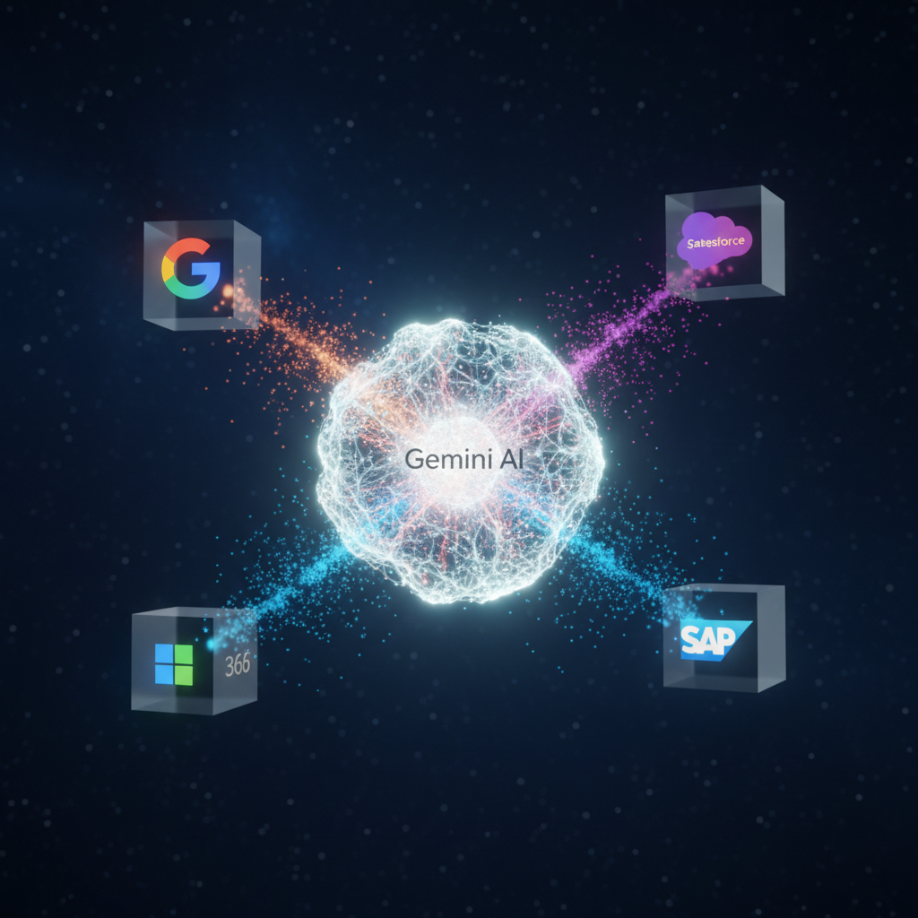 Ultra-realistic 3D render of several glowing, semi-transparent cubes floating in a zero-gravity environment. Each cube features a distinct, recognizable logo: Google Workspace, Microsoft 365, Salesforce, and SAP. From each cube, streams of glowing light particles flow towards a central, pulsating sphere representing the Gemini AI core. The sphere is a complex, beautiful structure of interconnected neural networks, glowing with a soft white and blue light. The entire composition is set against a dark, deep-blue background. Rendered with Octane Render, 4K resolution, cinematic lighting with strong bloom effects on the light streams, showcasing the concept of seamless data integration.