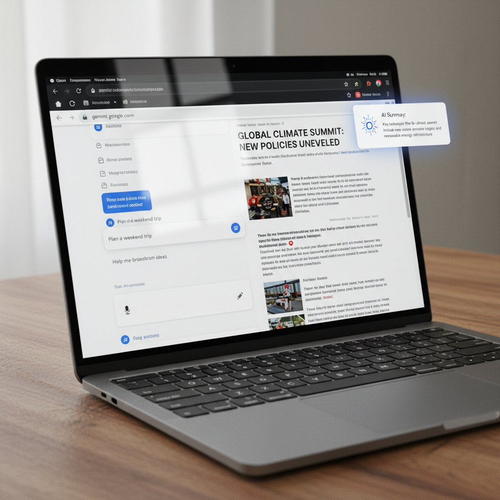 A hyper-realistic photo capturing a split-screen view on a single laptop screen, showcasing the two ways of using Gemini. On the left side, the screen displays the official Gemini web app (gemini.google.com) with its distinct user interface, including a visible text prompt box. On the right side, the screen shows a dense online news article, and a small, glowing Gemini logo is overlaid in the top-right corner of the browser, with a contextual pop-up window next to it showing a concise summary of the article's content. The laptop is a MacBook Pro M3, positioned on a wooden desk and shot from a slightly angled perspective. The scene is illuminated by soft, natural light coming from a window, creating realistic reflections on the screen. The image is captured with a modern filter that ensures crisp details and a neutral color palette.