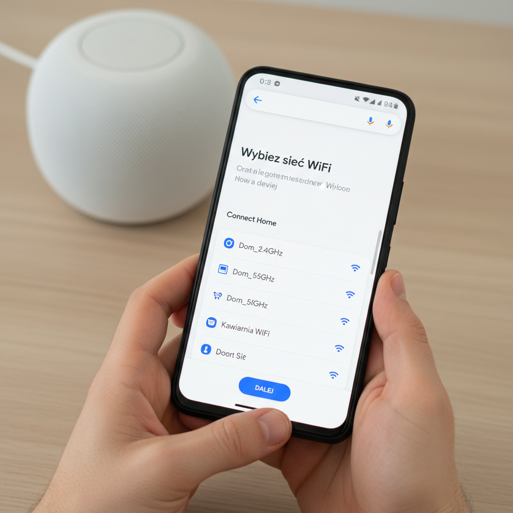 Close-up shot of a person's hands holding a Google Pixel 8 Pro in Obsidian black. The phone screen is brightly lit, displaying the Google Home app during the 'Connect to Wi-Fi' setup step for a new 'Google Nest Hub 2025'. The app interface is clearly visible with the text 'Wybierz sieć Wi-Fi' and a list of available networks. In the blurred background, a modern white Google Nest speaker is visible on a wooden table. Shot with a Canon EOS R5 with a 85mm f/1.4 lens, modern filter with high clarity and natural colors, creating a clean and helpful 'how-to' aesthetic.
