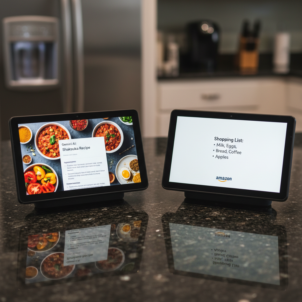 Hyper-realistic photo showing a side-by-side comparison on a sleek, dark granite kitchen counter. On the left, a Google Nest Hub Max 2025 in Charcoal, screen displaying the Gemini AI interface dynamically creating a recipe for 'shakshuka' with images of ingredients appearing. On the right, an Amazon Echo Show 10 (3rd Gen) in Charcoal, screen showing a simple shopping list on a white background with the Amazon logo. The shot is a close-up, focusing on the screens' content. Shot with a Fujifilm X-T5, 56mm f/1.2 lens, modern filter with high contrast and sharp details, cinematic lighting with a key light from the side to create subtle reflections on the screens.
