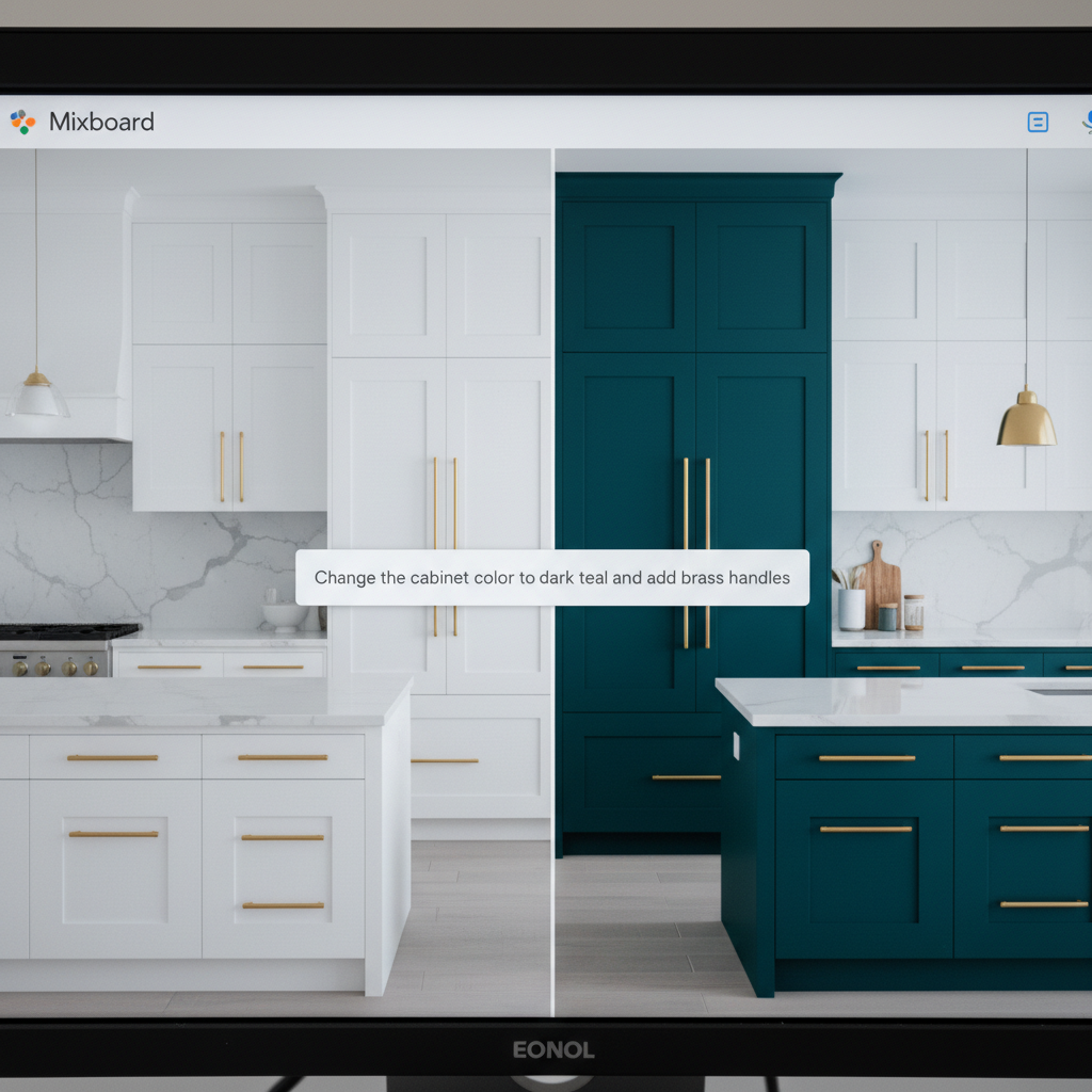 Extreme close-up on a 32-inch Dell UltraSharp monitor screen displaying the Google Mixboard interface. The screen is split into two panels. On the left, an image of a modern, minimalist kitchen with white cabinets. In the center, a prominent, clean UI text input box with the typed prompt: 'Change the cabinet color to dark teal and add brass handles'. On the right panel, the same kitchen is shown, but now the cabinets are a rich dark teal color with detailed, realistic brass handles, showing the instant result of the prompt. The interface has a clean, light-gray theme. Shot with a Canon EOS R5 with a 100mm macro lens, f/2.8, capturing crisp pixel details of the screen. Modern filter with high clarity and neutral color balance, shallow depth of field, with the monitor's bezel and background slightly blurred.