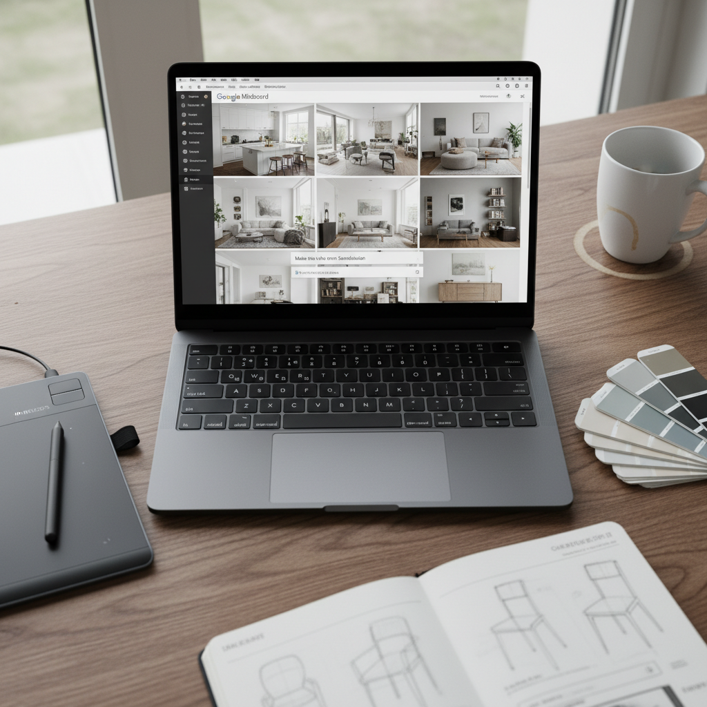 Top-down, hyper-realistic shot of a cluttered but organized wooden desk. In the center, a 16-inch MacBook Pro M3 in Space Black displays the Google Mixboard interface: a collage of interior design images (kitchens, living rooms) with a visible text prompt box saying 'Make this vibe more Scandinavian'. To the left, a Wacom Intuos Pro tablet with a stylus resting on it. To the right, several genuine Pantone color swatches are fanned out, alongside a Moleskine notebook with pencil sketches of furniture. A white ceramic mug with a subtle coffee ring on the desk is placed in the top right corner. Shot with a Sony A7 IV, 50mm lens, f/2.2, modern filter with crisp details and neutral colors, natural light coming from a large window on the left, creating soft, realistic shadows.