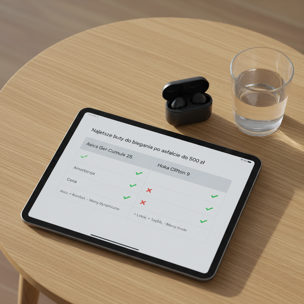 A hyperrealistic, top-down shot of an iPad Air on a light oak coffee table. The screen displays a clear, AI-generated comparison table in Google AI Mode for 'Najlepsze buty do biegania po asfalcie do 500 zł'. Two columns compare 'Asics Gel-Cumulus 25' and 'Hoka Clifton 9', with rows for 'Amortyzacja', 'Waga', 'Cena' and 'Zalety/Wady'. Green checkmarks and red crosses are visible in the cells. Next to the tablet lies a pair of black wireless earbuds in their charging case and a half-full glass of water. The scene is bathed in soft, natural morning light coming from a nearby window. Shot with a Canon EOS R6 Mark II, 50mm lens, f/2.2, modern filter with a clean and bright aesthetic.