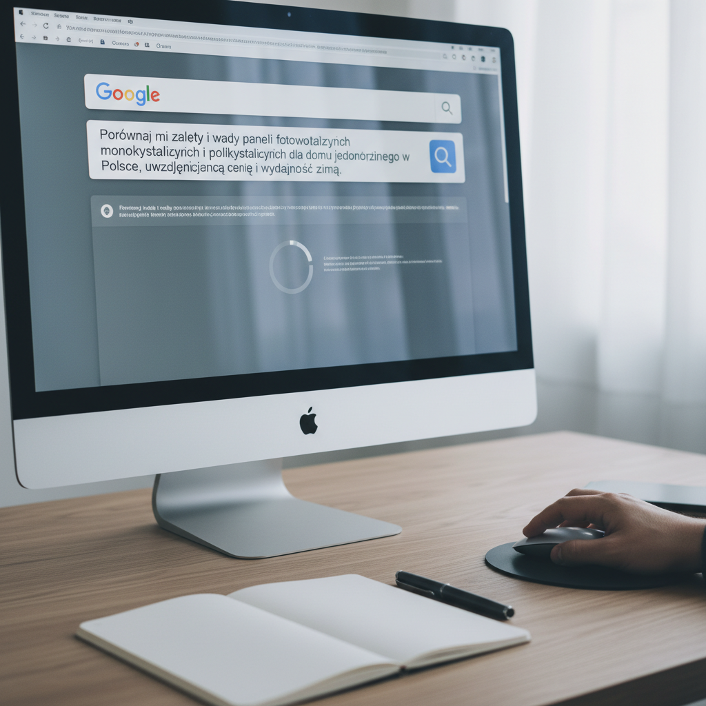 A hyper-realistic shot of a computer screen (iMac 27-inch) displaying the Google search interface. The search bar contains a long, detailed query: 'Porównaj mi zalety i wady paneli fotowoltaicznych monokrystalicznych i polikrystalicznych dla domu jednorodzinnego w Polsce, uwzględniając cenę i wydajność zimą'. Below the search bar, the AI-generated summary is starting to form, with a visible loading animation. To the side, a slightly blurred hand is holding a computer mouse, ready to click. The environment is a clean, modern desk with a notepad and a pen. Shot with Fujifilm X-T5, 35mm lens, f/2.8, modern filter with a clean, slightly cool color palette.