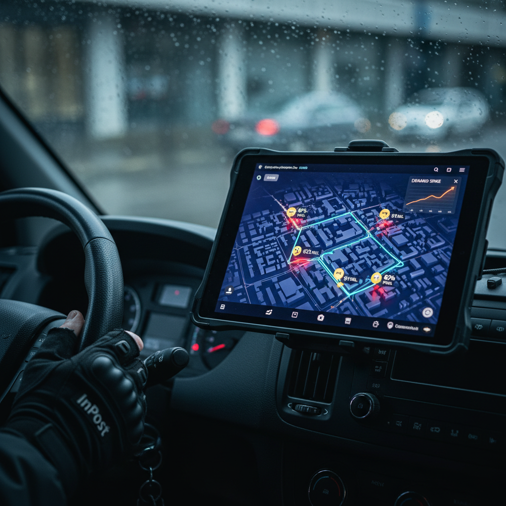 Hyperrealistic close-up shot of a tablet mounted on the dashboard of an InPost delivery van. The screen displays a futuristic, dark-themed UI of a logistics app. A 3D map of a city district is visible with a glowing blue line marking the optimized route. Red zones indicate real-time traffic jams. Small, yellow paczkomat icons on the map show live capacity percentages (e.g., '87% FULL'). In the top right corner, a predictive chart titled 'DEMAND SPIKE' shows a rising curve for the next hour. The driver's hand, wearing a black glove, is visible on the edge of the steering wheel, but the tablet is the main focus. Shot with Canon EOS R5, 50mm lens, f/1.8, modern filter with high contrast and sharp details, creating a tech-focused, cinematic look.