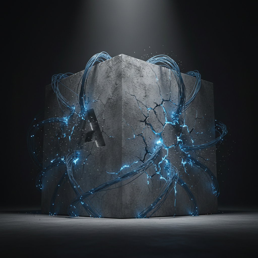 A metaphorical, hyperrealistic image depicting a massive, solid concrete cube with the Allegro logo subtly engraved on its side. A network of thin, glowing blue fiber-optic cables, representing InPost's AI network, has grown around the cube and is penetrating its surface, causing small cracks to appear from which the blue light emanates. The scene is set in a dark, minimalist environment with a single spotlight from above, creating a dramatic, high-contrast effect. The focus is on the point of penetration, showing the technological network subtly dismantling the monolithic structure. Shot in a cinematic style, 4K resolution, emphasizing the theme of technology disrupting an established giant.