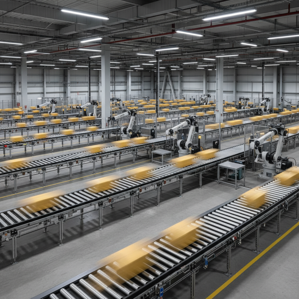 Hyperrealistic, wide-angle shot from a slightly elevated position inside a massive, modern InPost sorting facility at night. Rows of conveyor belts with yellow packages are moving with slight motion blur, creating dynamic lines. Autonomous robotic arms are visible in the mid-ground, swiftly sorting parcels. The entire facility is bathed in a cool, blue and white LED light, reflecting off the clean, grey floor. No people are visible, emphasizing full automation. Shot with a Sony A7R IV camera, 16-35mm lens, f/2.8, modern filter with crisp details and high contrast, capturing the scale and technological advancement of the logistics center.