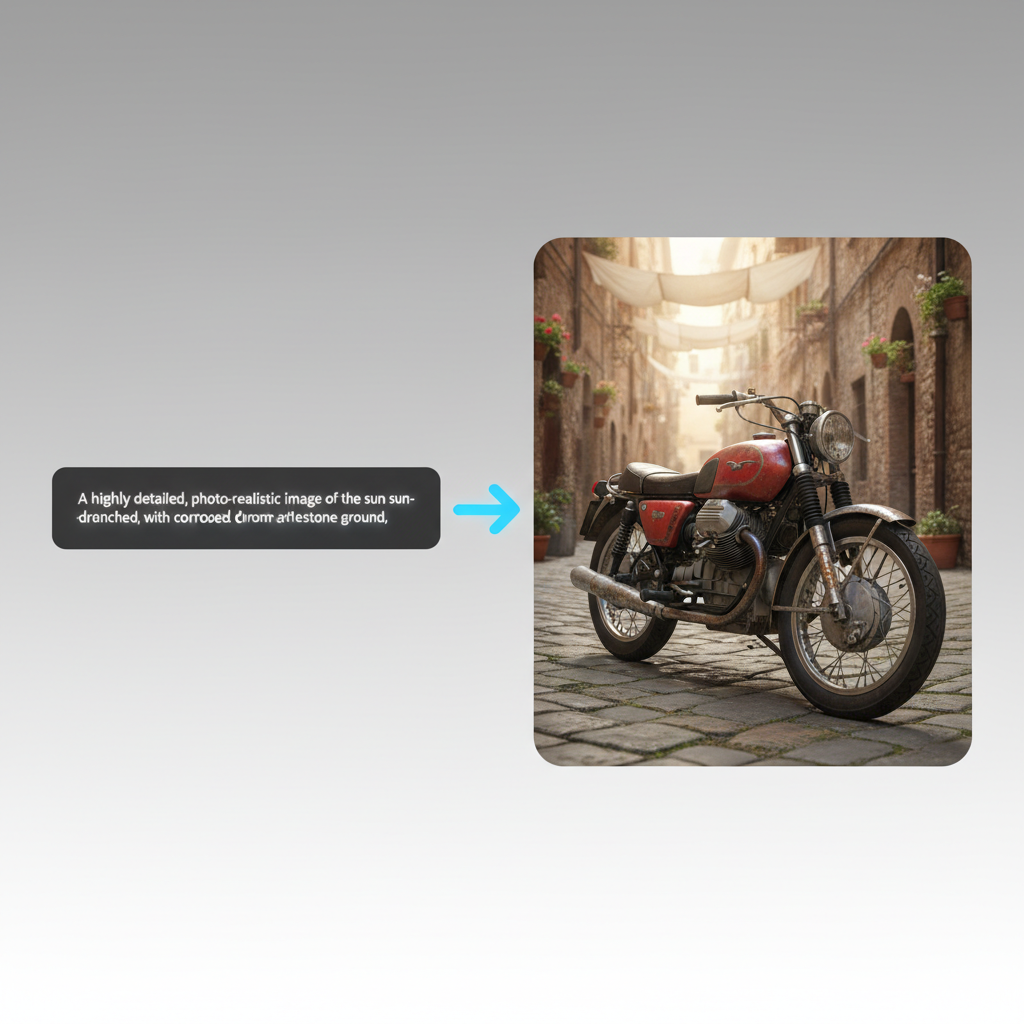 Ultra-realistic 3D render illustrating the concept of a prompt. On the left side of the frame, a simple, glowing white text 'A hyper-detailed, photorealistic image of a vintage motorcycle in a sun-drenched Italian alley' is inside a minimalist, dark gray input field. From this text, a glowing blue arrow points to the right side of the frame, which is filled with the resulting complex, photorealistic image of the described vintage motorcycle, complete with intricate details like rust on the chrome and cobblestones on the ground. The background is a clean, neutral gradient from light gray to white, focusing all attention on the transformation from a simple text prompt to a complex visual output. Rendered with Octane Render, 4K, global illumination.