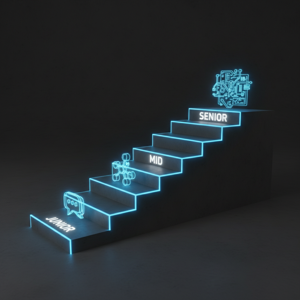 Ultra-realistic 3D render of a career path visualized as a stylized, glowing blue staircase. At the bottom step, labeled 'JUNIOR', there's a simple 3D icon of a text bubble. At the middle step, 'MID', there's an icon of a branching diagram. At the top step, labeled 'SENIOR', there's a complex icon representing a strategic blueprint or a neural network. The staircase is set against a clean, dark gray background, giving it a modern, tech-focused aesthetic. Rendered with Octane Render, 4K resolution, with subtle ambient occlusion and soft global illumination to make the steps and icons pop.