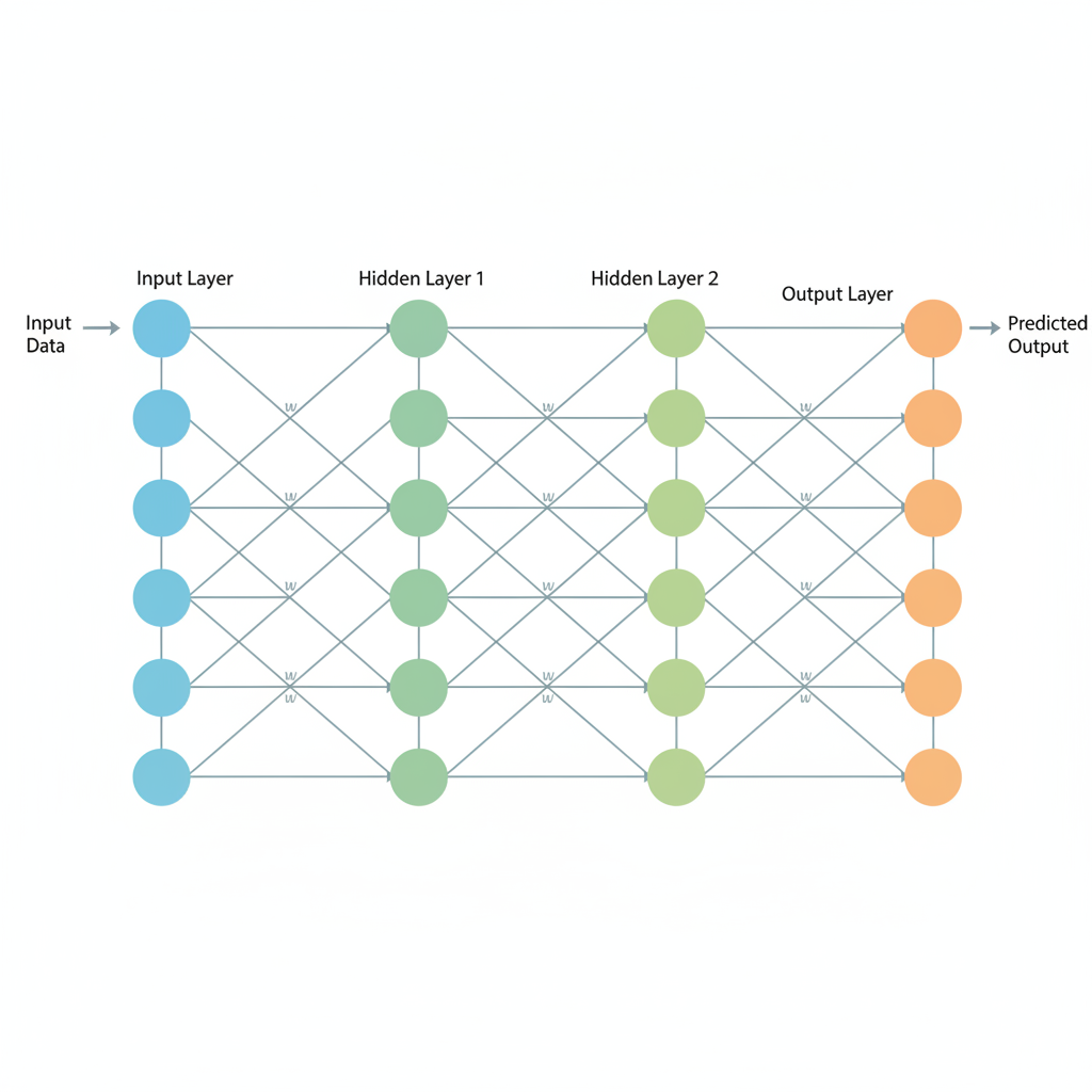 A clear educational diagram showing the structure of an artificial neural network with input layer, multiple hidden layers, and output layer, with nodes connected by lines representing weights, in a clean scientific illustration style