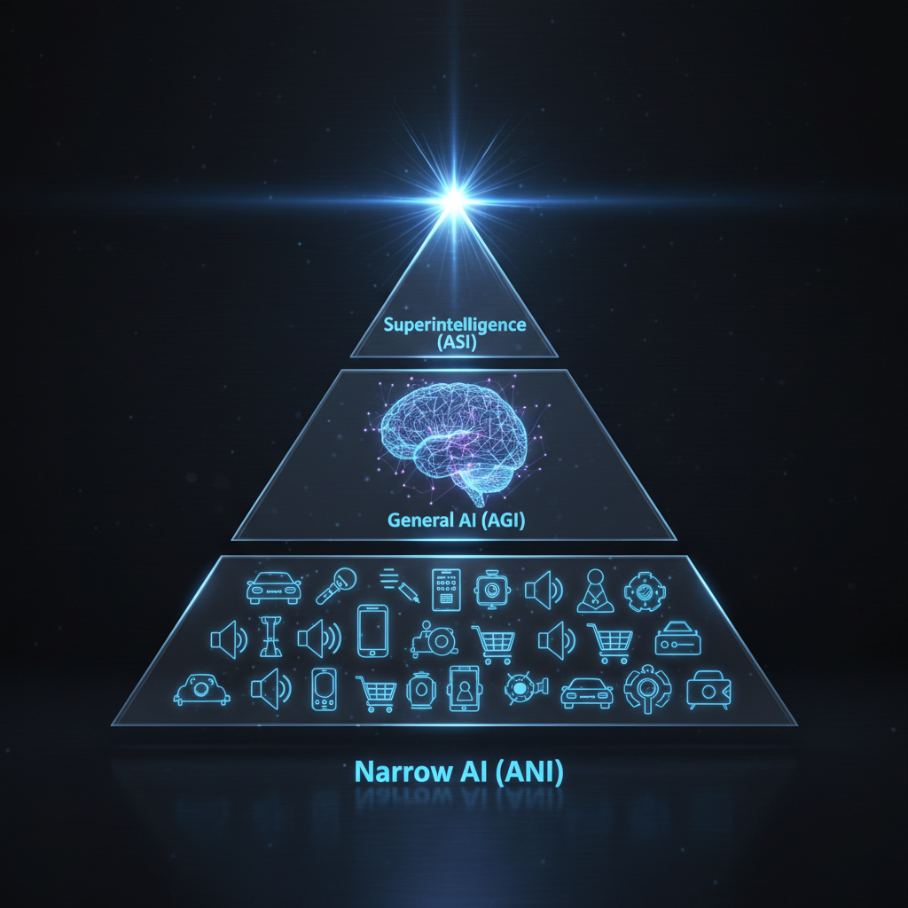 A sleek, 3D infographic on a dark background illustrating the levels of AI intelligence. It shows a pyramid divided into three horizontal sections. The large base is labeled