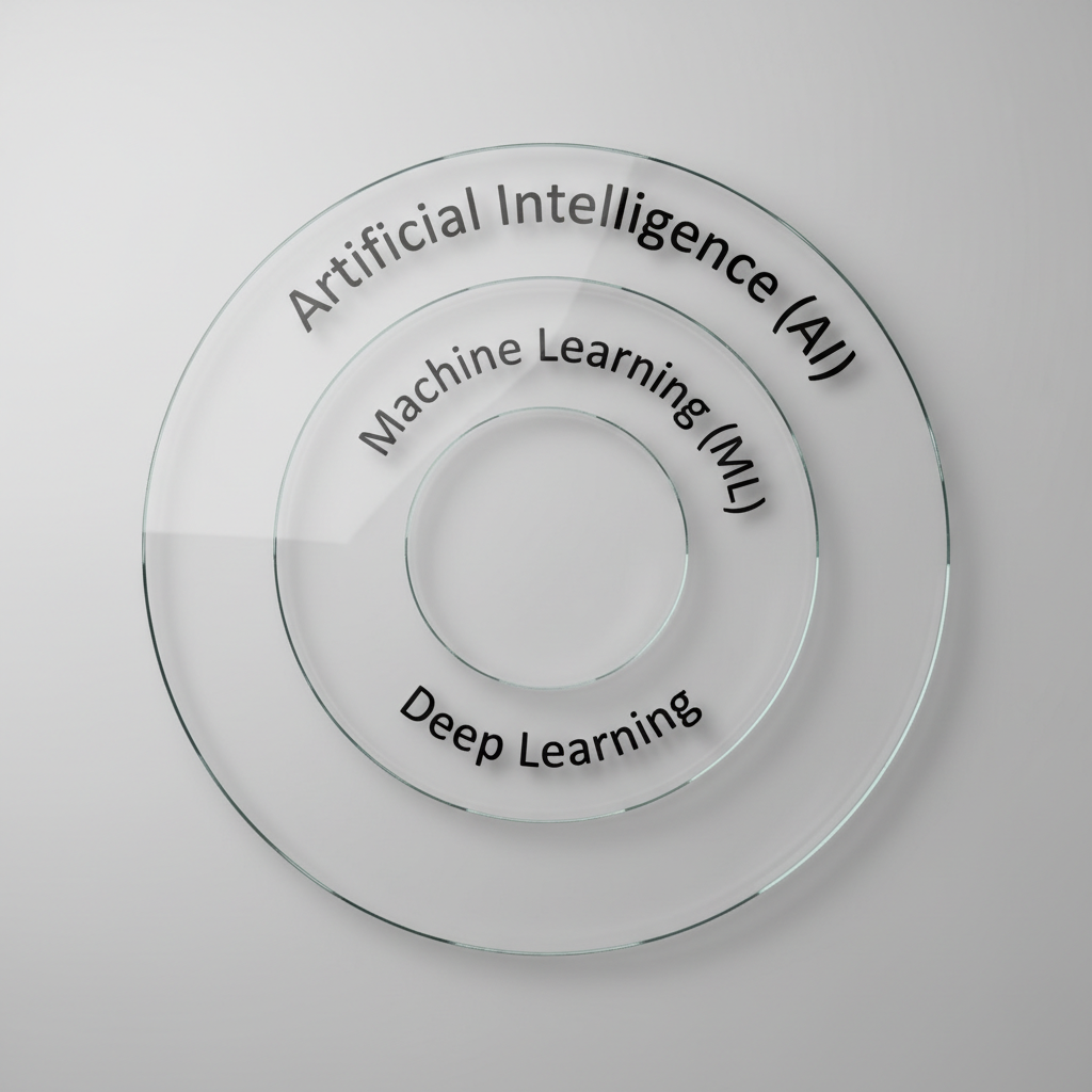 A clean, minimalist 3D diagram on a light gray background. It shows three concentric, transparent glass-like circles. The largest circle has the text 'Artificial Intelligence (AI)' etched on it. Inside it is a medium circle with 'Machine Learning (ML)'. The smallest circle in the center has 'Deep Learning' etched on it. The style is sleek, modern, and hyperrealistic, with subtle reflections on the glass surfaces.