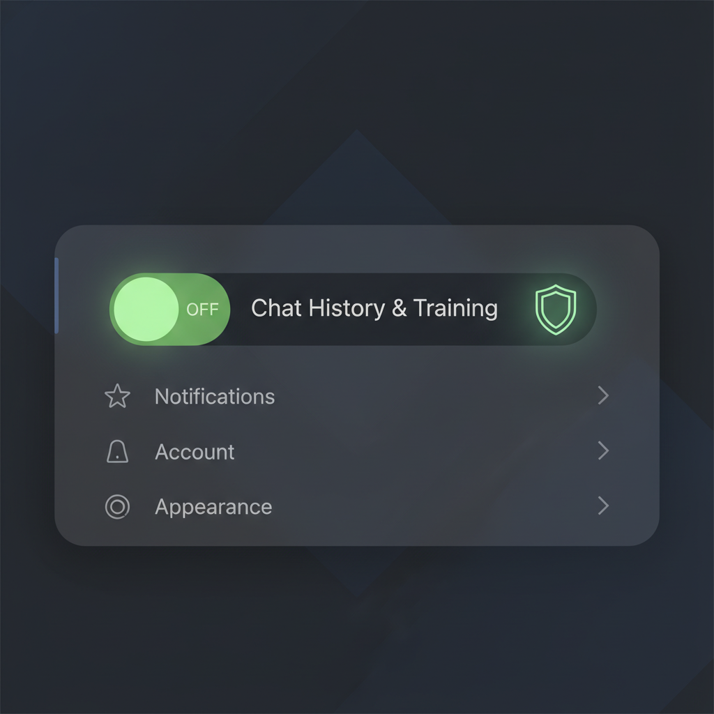 A clean, minimalist illustration of a settings dashboard in dark mode. The main focus is on a sleek toggle switch labeled 'Chat History & Training'. The toggle is clearly set to the 'OFF' position and highlighted in a calming green color. Next to it, a stylized, modern shield icon glows faintly, symbolizing activated privacy and security. Digital art.