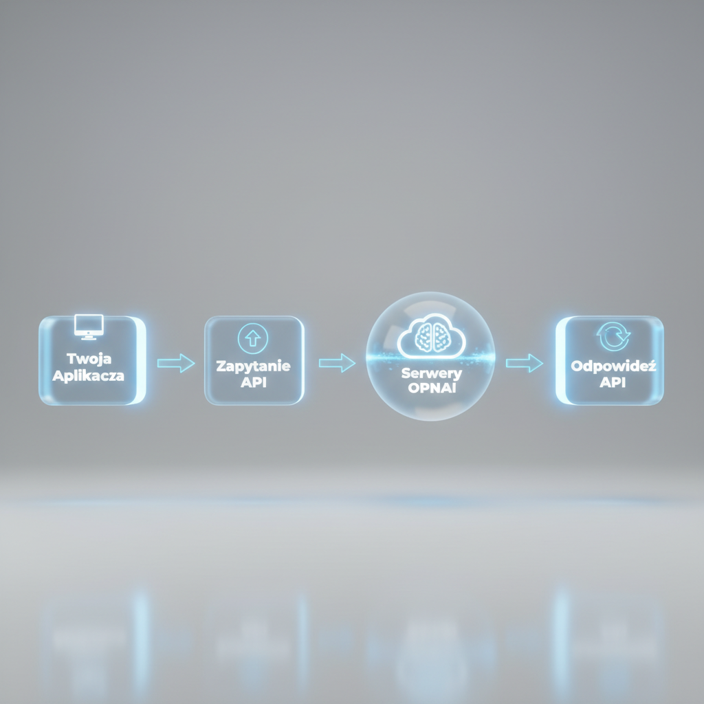 A sleek, 3D infographic on a clean, light gray background, illustrating the API workflow. Four glowing, semi-translucent blocks are connected by animated light arrows. The blocks are labeled: 'Twoja Aplikacja' (with a computer icon), 'Zapytanie API' (with an arrow icon), 'Serwery OpenAI' (with a cloud/brain icon), and 'Odpowiedź API' (with a return arrow icon). The design is minimalist, using a blue and white color scheme. Studio lighting, sharp focus, and hyper-realistic rendering to clearly explain the technical process in a visually appealing way.