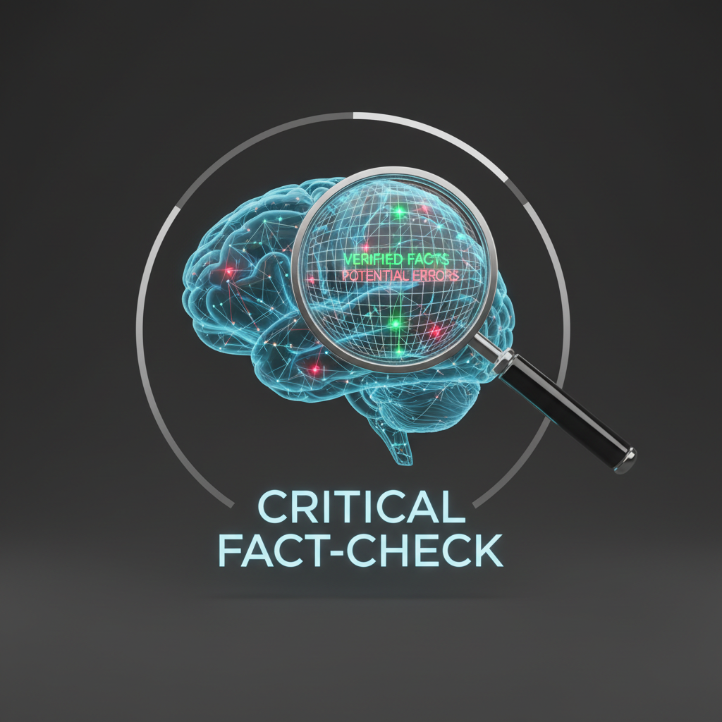 A sleek, 3D icon on a clean, dark gray background. The icon features a glowing, semi-translucent blue brain, similar in style to previous icons. A futuristic, holographic magnifying glass is positioned over the brain, actively scanning it. The lens of the magnifying glass highlights some of the brain's neural nodes in green (representing verified facts) and others in red (representing potential errors), visualizing the process of critical fact-checking. Studio-quality lighting creates soft highlights and shadows, emphasizing a modern, technological, and analytical aesthetic.