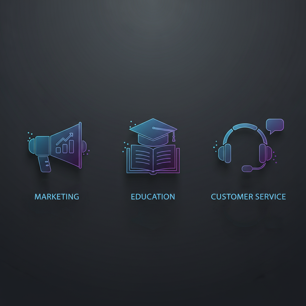 A sleek, 3D infographic on a clean, dark gray background. Three glowing, semi-translucent icons are arranged horizontally. From left to right: a megaphone with a rising bar chart inside it (representing Marketing), a graduation cap resting on an open book (representing Education), and a modern headset with a chat bubble next to it (representing Customer Service). Each icon is rendered in a consistent, modern style with vibrant blue and purple accents. The composition is illuminated with studio-quality lighting, creating soft highlights and shadows, emphasizing a professional and technological aesthetic.