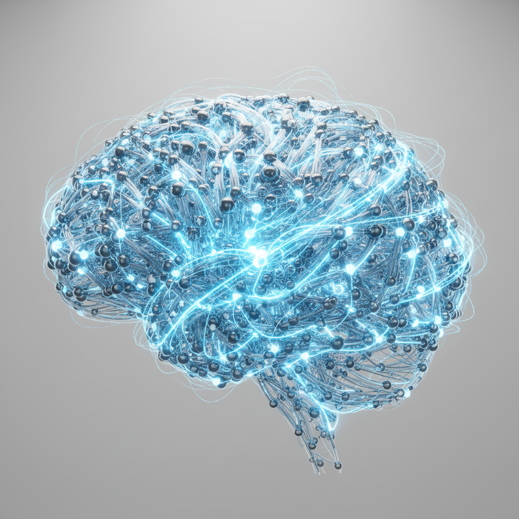 A sleek, 3D icon of a glowing artificial brain made of interconnected nodes and synapses, isolated on a clean, light gray background. The core of the brain pulses with a vibrant blue light, with light trails moving through the neural pathways. The icon has a glossy, slightly reflective texture. Studio lighting, close-up shot, emphasizing the intricate details of the network.