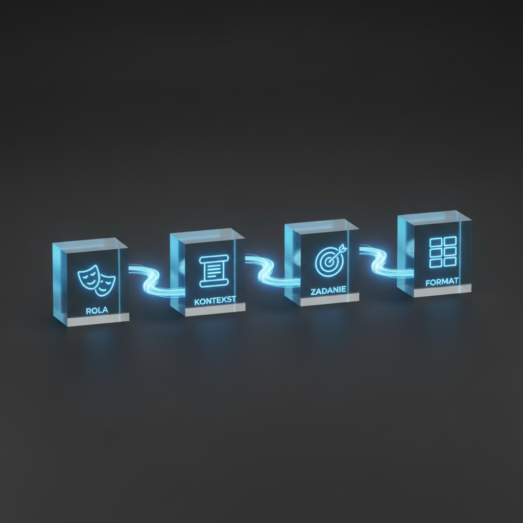 A sleek, 3D infographic showing the anatomy of an effective prompt. Four glowing, interconnected blocks are arranged in a sequence on a clean, dark gray background. Each block is made of a semi-translucent, bluish material and has a minimalist icon and a label: 'Rola' (icon of a theater mask), 'Kontekst' (icon of a document), 'Zadanie' (icon of a target), and 'Format' (icon of a layout grid). Light paths connect the blocks, visualizing the flow of information. Studio lighting, sharp focus, hyper-realistic rendering.
