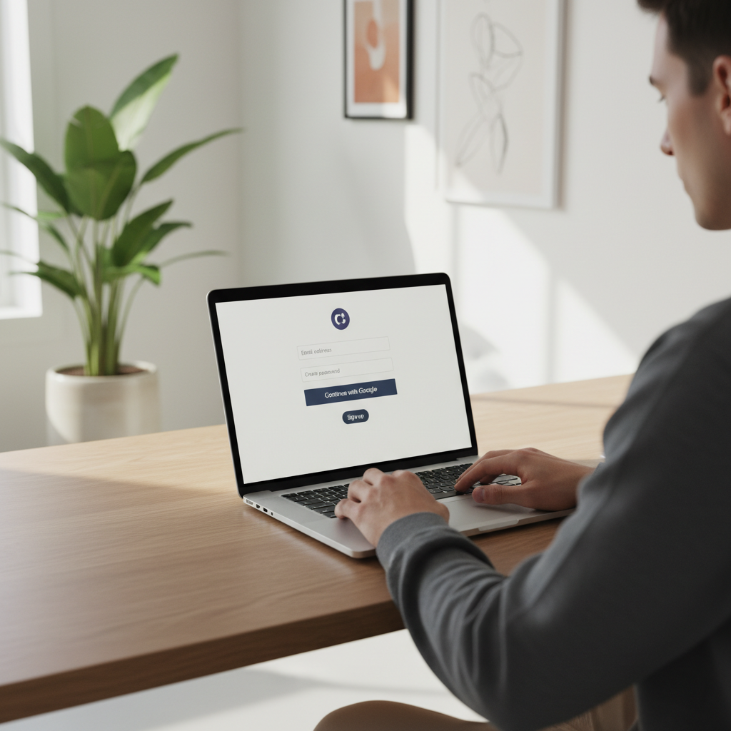 Hyper-realistic photo, over-the-shoulder shot of a person sitting at a minimalist oak desk. Their hands are on the keyboard of a modern silver laptop (unbranded, similar to a MacBook Pro). The screen displays a crisp, clean user interface for the ChatGPT registration page. The page clearly shows the fields for email, password, and large buttons for signing up with Google and Microsoft accounts. The background is a softly blurred, well-lit home office with a single green plant. The lighting is natural and soft. Modern filter applied for a clean, professional look, shot on a Canon EOS R5 with a 35mm f/1.4 lens.