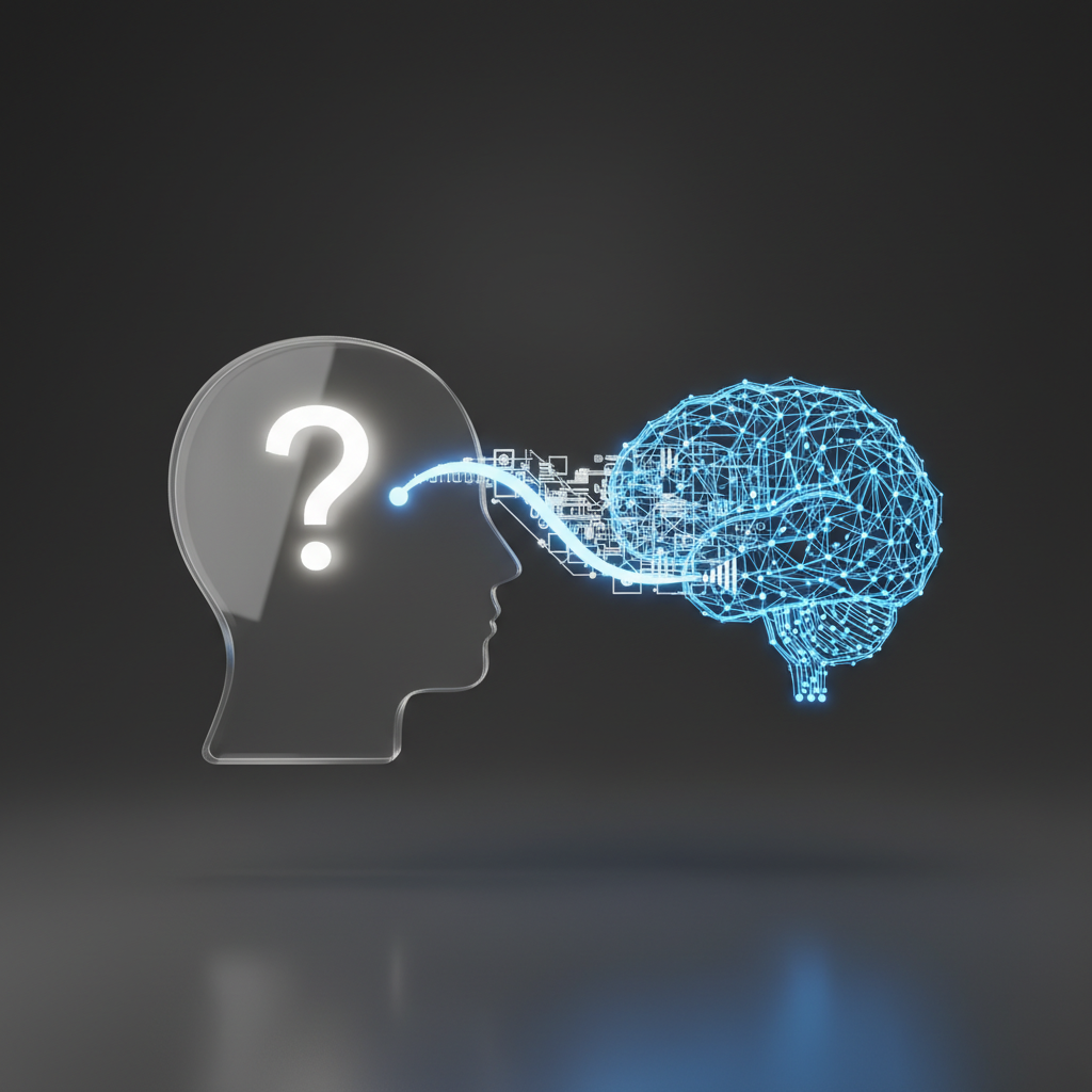 A sleek, 3D icon isolated on a clean, dark gray background. On the left, there's a stylized, semi-transparent human head with a simple question mark icon glowing inside. On the right, a complex, glowing blue artificial brain made of interconnected nodes. A luminous, vibrant light stream, representing the 'prompt', flows from the human head to the AI brain, transforming from a simple line into a complex data pattern as it gets closer to the AI. The icon has a glossy, modern finish. Studio lighting creates soft, realistic highlights and shadows.