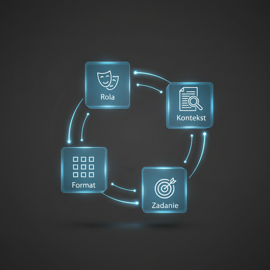 A sleek, 3D infographic on a clean, dark gray background. Four glowing, semi-translucent blocks are arranged in a circular flow. Each block is made of a bluish, glass-like material and has a minimalist white icon and a label in Polish: 'Rola' (icon of a theater mask), 'Kontekst' (icon of a document with a magnifying glass), 'Zadanie' (icon of a target with an arrow), and 'Format' (icon of a layout grid). Luminous light paths connect the blocks, visualizing a continuous, logical process. Studio lighting, sharp focus, hyper-realistic rendering, emphasizing a professional and technological aesthetic.